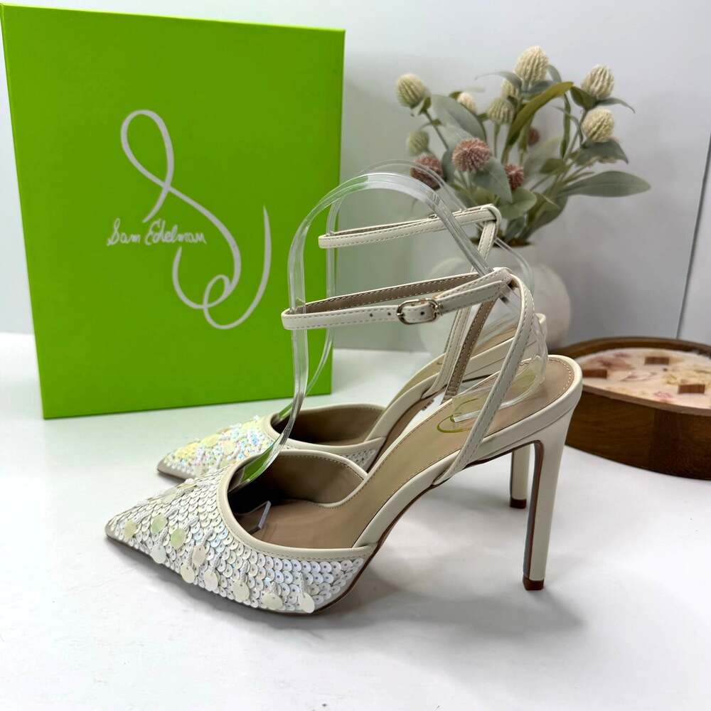 Sam Edelman Avril Sequin Ankle Strap Stiletto Heels Ivory Women 8.5M Tried On